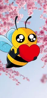 Cute cartoon bee holding a heart with cherry blossom background.