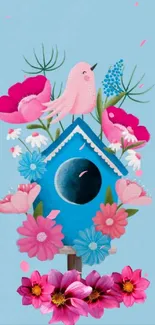 Cute birdhouse with colorful flowers in a blue-themed phone wallpaper.