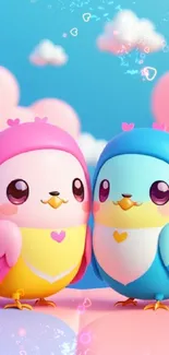 Cute cartoon birds with pastel hues and heart accents.