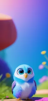 Cute animated bird in a colorful fantasy landscape mobile wallpaper.