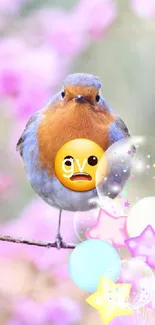 Cute bird with emojis on pink blossoms.