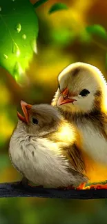 Two cute birds on a branch with a vibrant green and yellow backdrop.