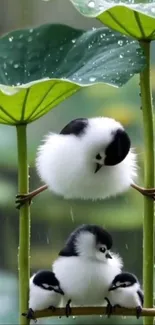 Fluffy birds resting on leafy branch in nature.