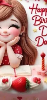 Cute birthday cake with cartoon character and sweet decorations.