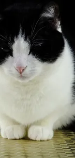 Adorable black and white cat sitting calmly.