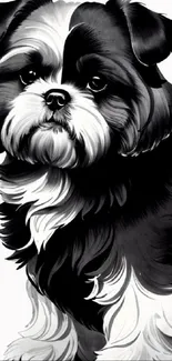 Black and white dog illustration for mobile wallpaper.