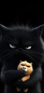 Black cartoon cat with a fluffy toy.