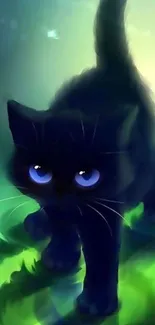 Adorable black cat with blue eyes in a mystical forest setting wallpaper.