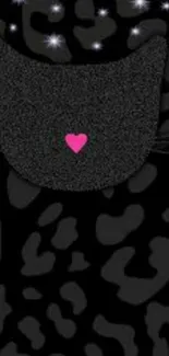 Black cat wallpaper with pink heart and abstract patterns, stylish mobile background.