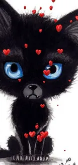 Cute black cat with blue eyes and red hearts.