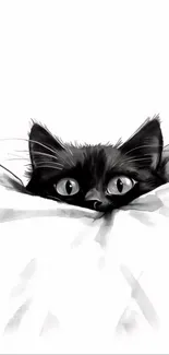 Adorable black cat peeking from under white covers.