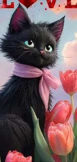 Cute black cat with pink tulips and pastel background.