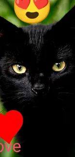 Cute black cat with love heart and emoji on green backdrop.