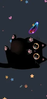 Cute black cat playfully surrounded by stars and hearts on a dark background.