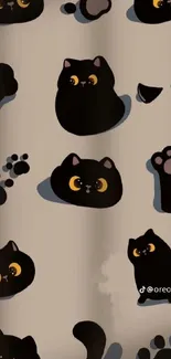 Cute black cat pattern on beige background.