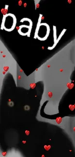 Black cat with red hearts mobile wallpaper.