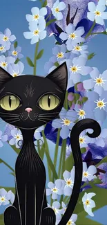 Cute black cat with blue floral background wallpaper.