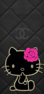 Black cat wallpaper with pink flower.