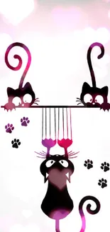 Cute black cats with whimsical tails and paw prints on a white background.