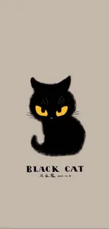 Illustration of a cute black cat with yellow eyes and beige background.