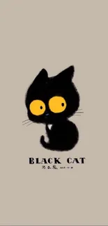 Charming black cat on beige background with striking yellow eyes.