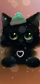 Cute black cat wearing mint hat wallpaper.