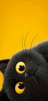 Cute black cartoon cat on yellow background.