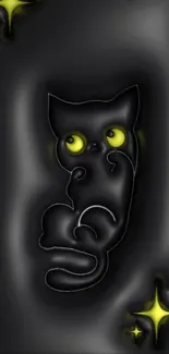 Black cat with glowing yellow eyes on a dark background wallpaper.