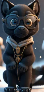 Adorable black cat in glasses with snow background.