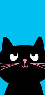 Black cartoon cat on turquoise background for mobile wallpaper.