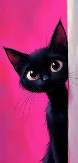 Adorable black cat on a pink background.