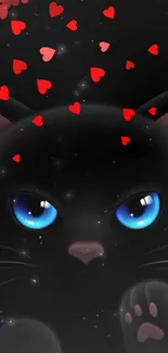 Black cat with blue eyes and red hearts on a dark background.