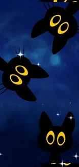 Three cute black cats with yellow eyes in a navy blue starry night sky.