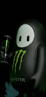 Cute character in black costume with energy drink, dark background.