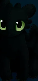 Cartoon black dragon with green eyes on dark background.