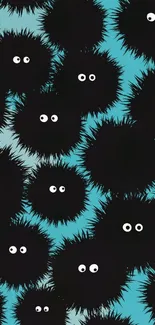 Cute black fuzzy creatures on teal background wallpaper.