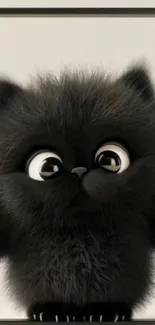 Cute black kitten with large eyes in a frame.