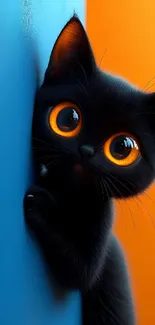 Cute black kitten with big eyes on blue and orange background.