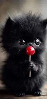 Adorable black kitten holding a red lollipop.