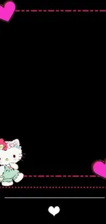 Cute kitty wallpaper with pink hearts on a black background.