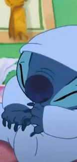 Adorable blue animated character snuggling in a cute scene.