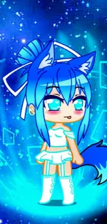 Cute blue anime character with fox ears on starry background.