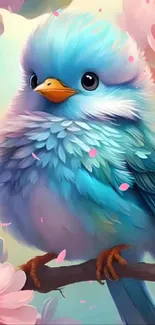 Cute illustration of a blue bird with pink flowers in the background.