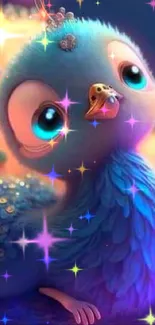 A cute blue cartoon bird with large eyes and whimsical features.