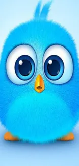 Cute fluffy blue bird with big eyes and a yellow beak on a light blue background.