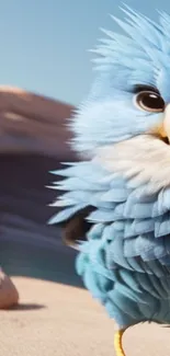 Adorable blue bird on sand with colorful feathers.