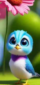 Animated cute blue bird with vibrant flowers.