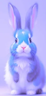 Cute blue bunny with fluffy fur on pastel lavender background.