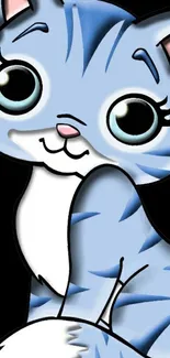 Cute blue cartoon cat with big eyes on a wallpaper.