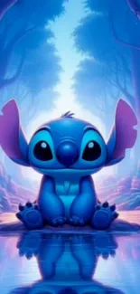 Cute blue cartoon character in a vibrant forest.